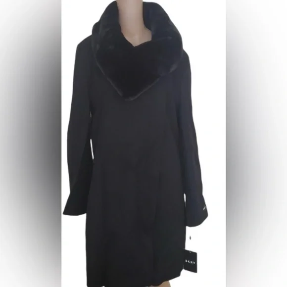 DKNY NWT Rare Black Wool-Blend Dress Coat w/ Plush Faux Fur Collar – XL - Picture 3 of 6